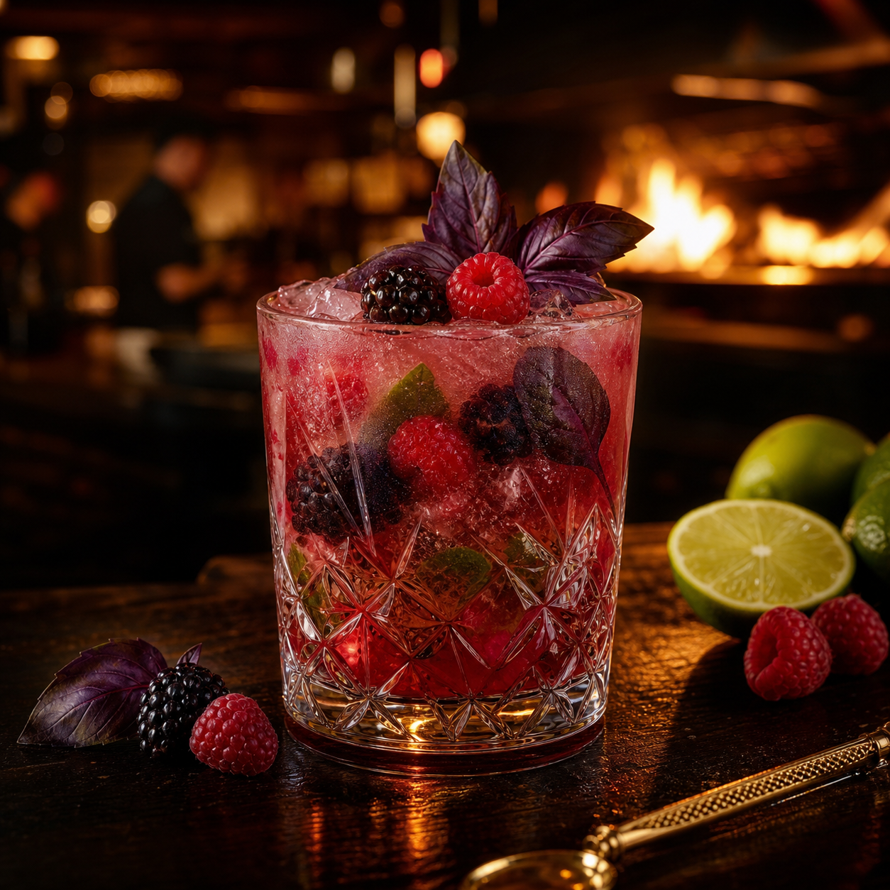 Coctel Caipirinha de Frutos del Bosque & Albahaca en Bossa Grill